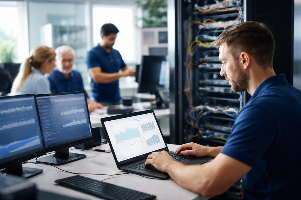Visuel fourni : équipe informatique et technicien devant des écrans de supervision
