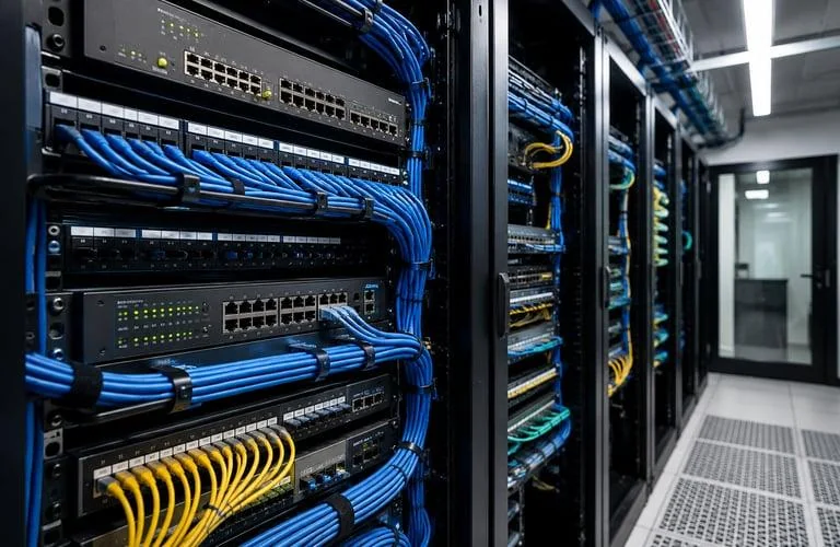 Professional IT network rack with structured Ethernet cabling