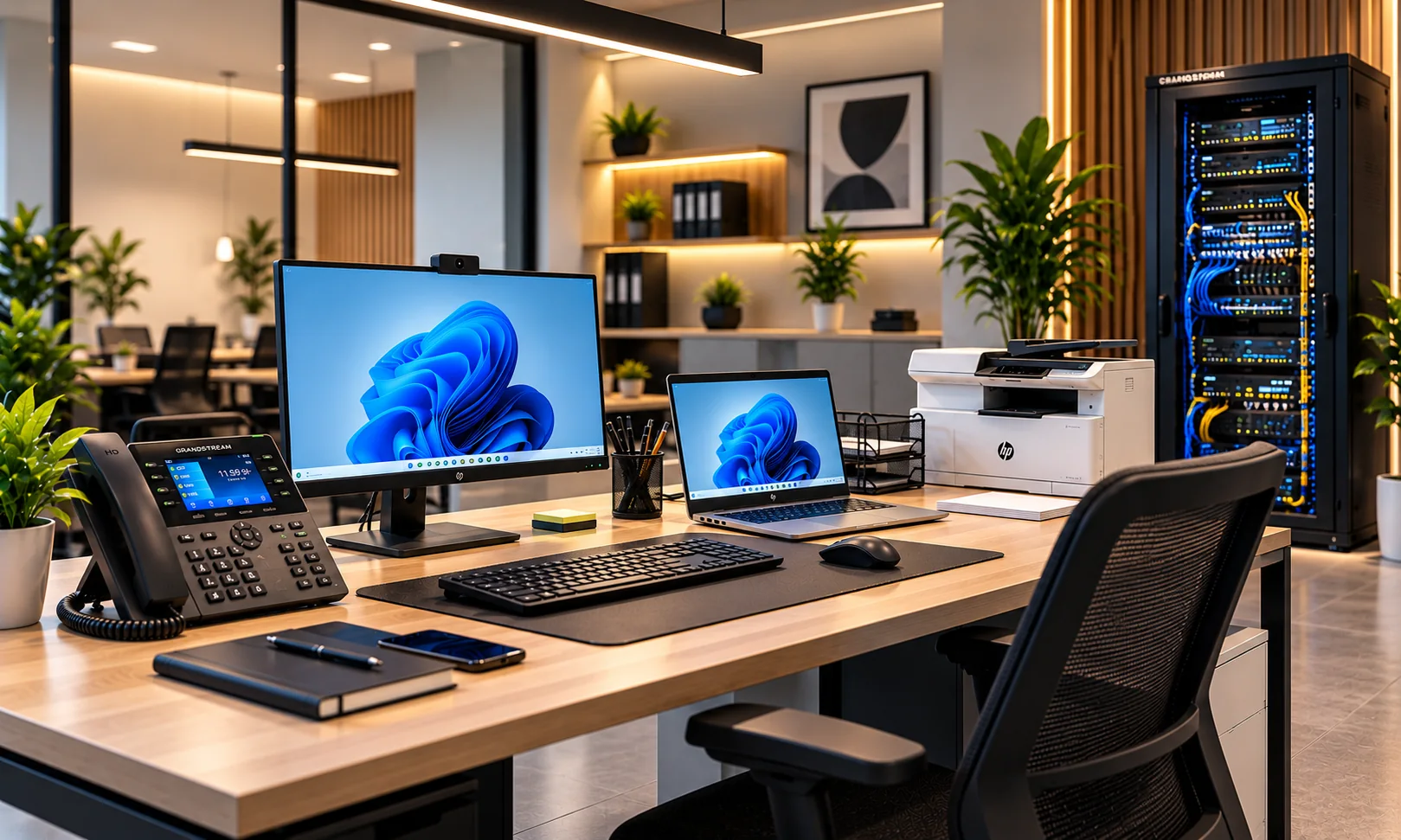 Bureau professionnel prêt à travailler : téléphone IP Grandstream, équipements informatiques, imprimante HP et baie réseau