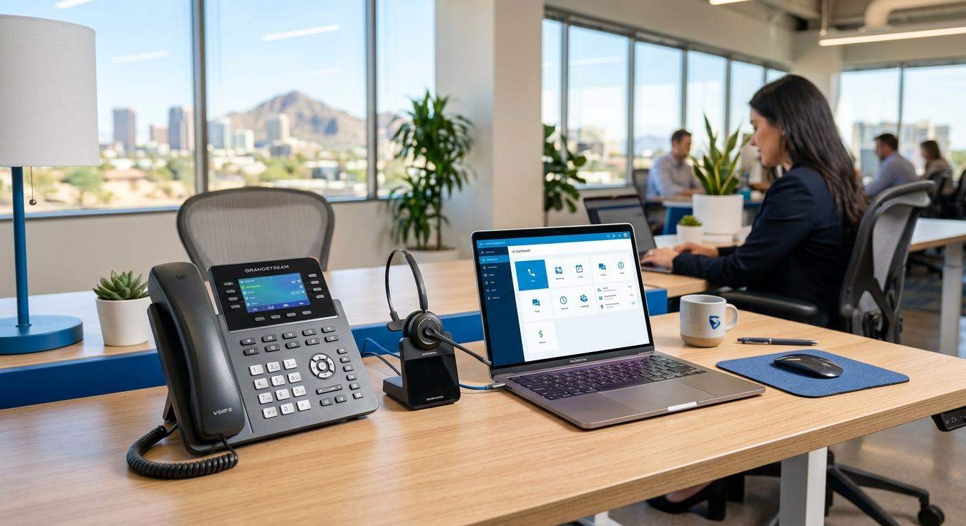 Visuel fourni : téléphone IP, casque et ordinateur portable dans un bureau