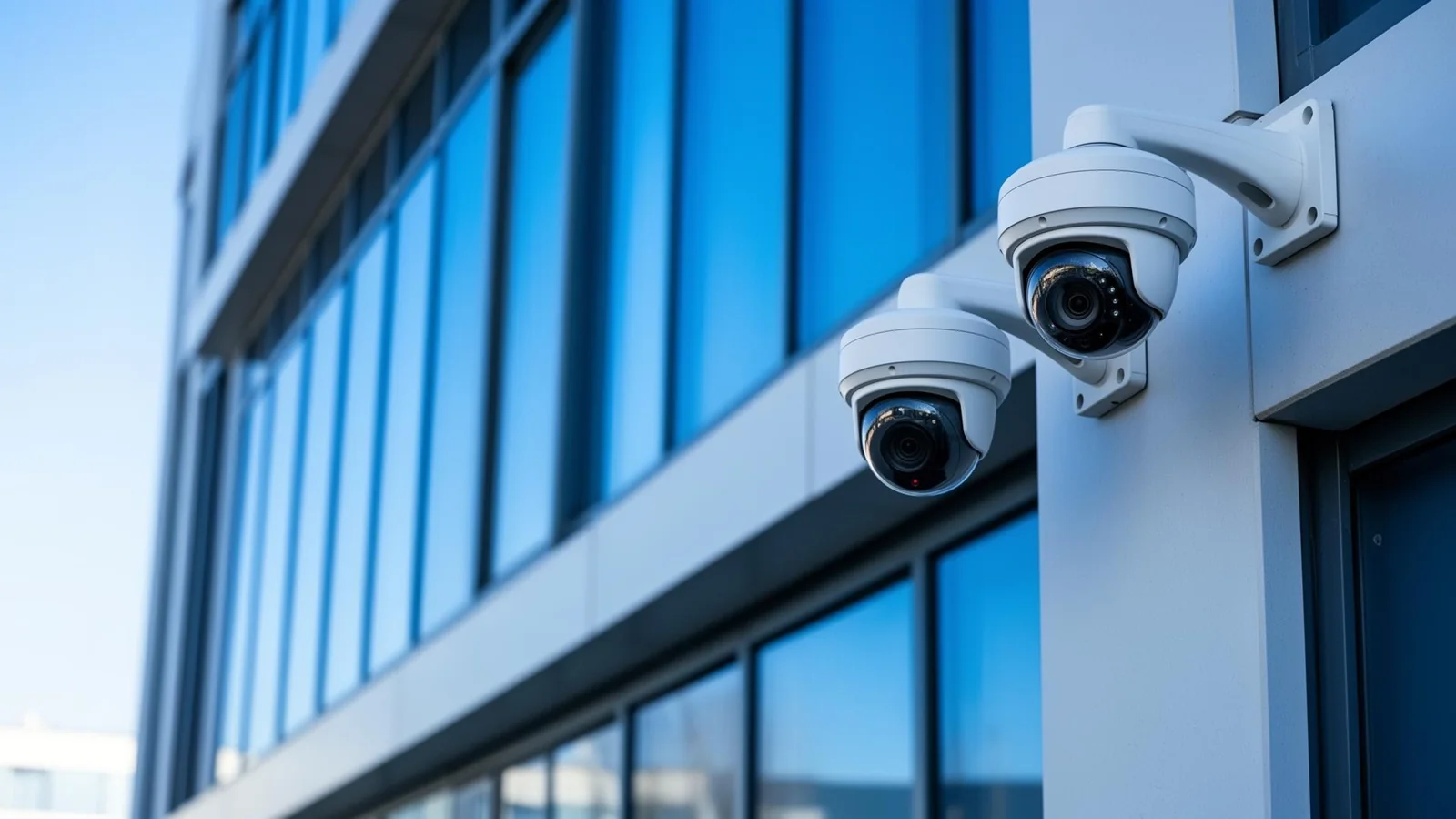 Two CCTV security cameras installed on a professional building